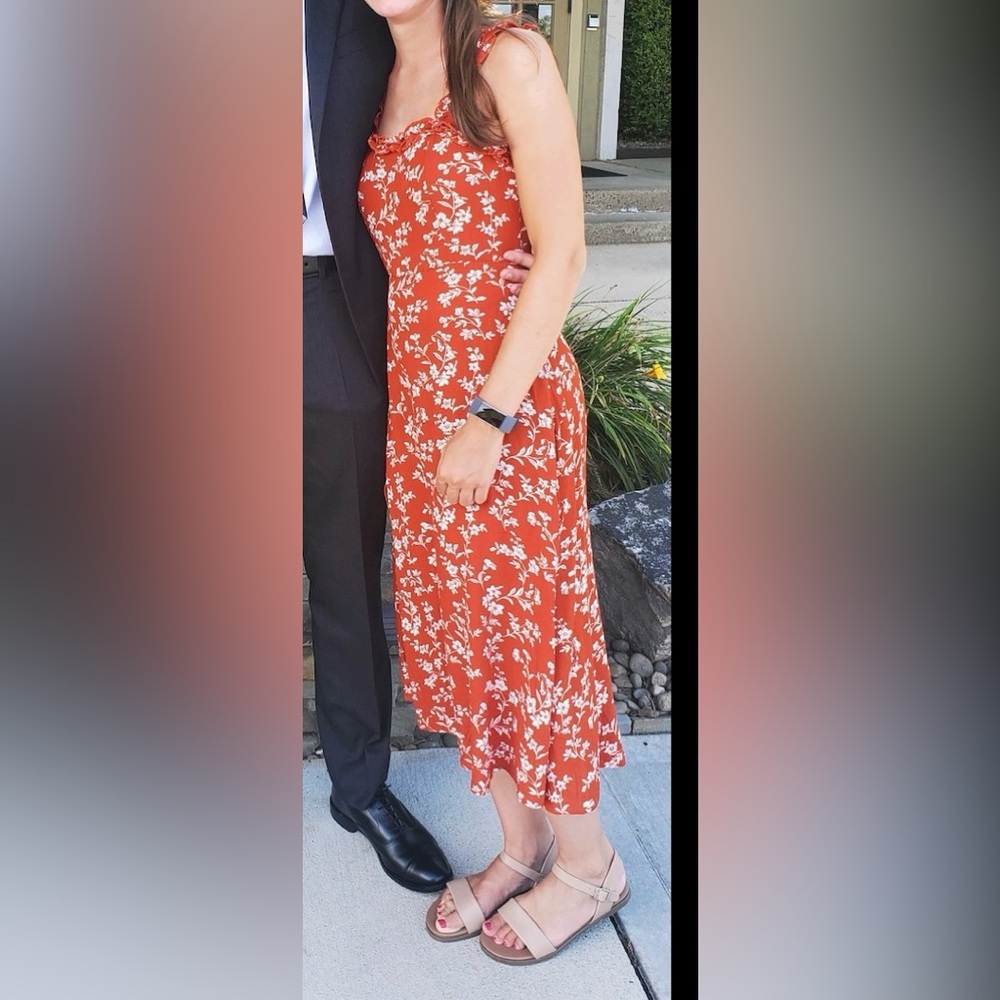 Lulus Garden Date Red Orange Floral Print Ruffle Midi Dress